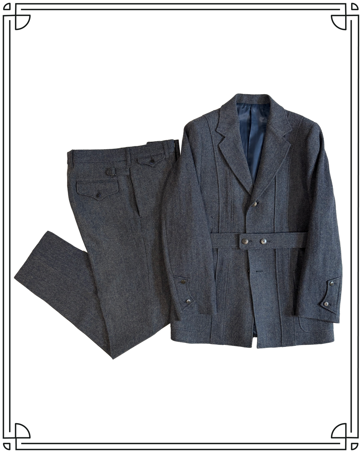 Sample Blue Herringbone Wool Norfolk Suit Size 40/34