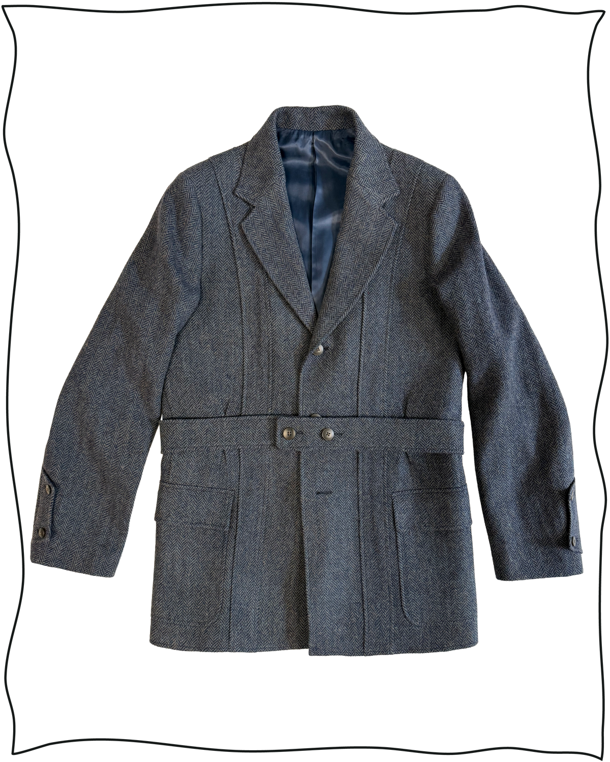 Sample Blue Herringbone Wool Norfolk Suit Size 40/34