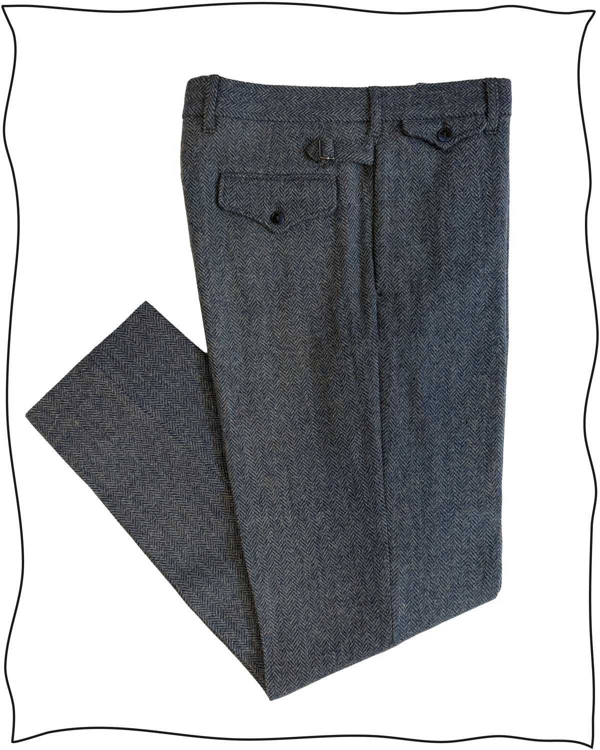 Sample Blue Herringbone Wool Norfolk Suit Size 40/34