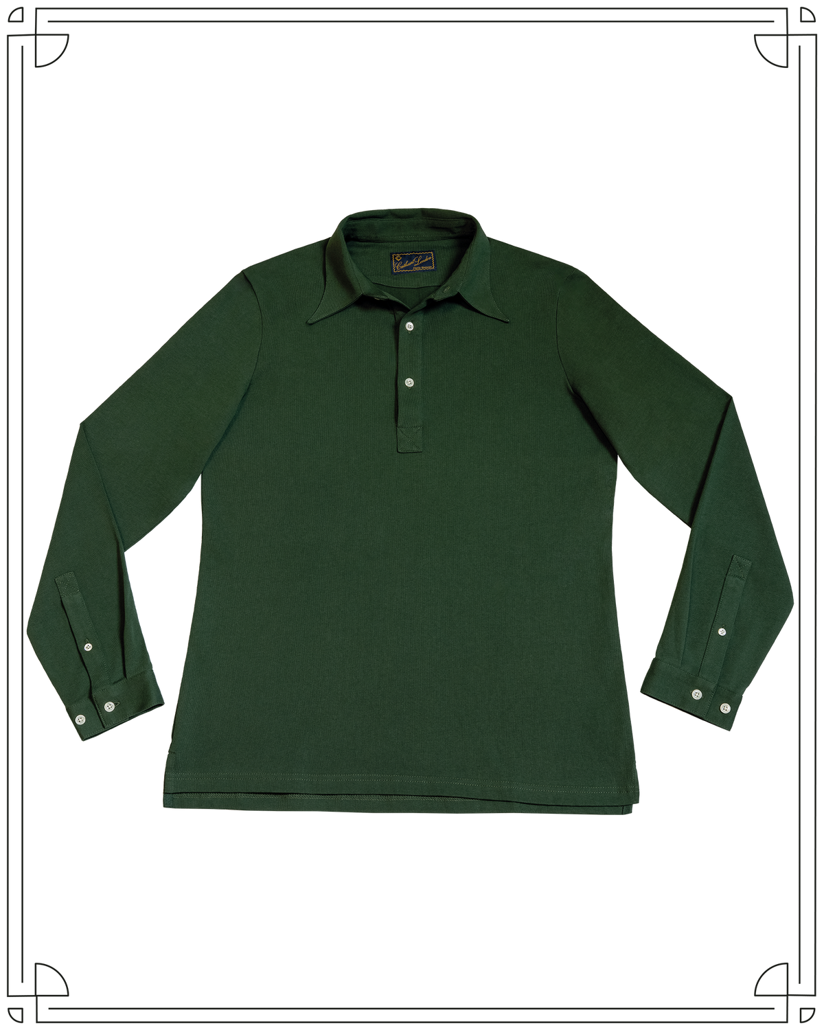 Cathcart London Men's Long Sleeve Polo  in Forest Green with Mother of Pearl Buttons