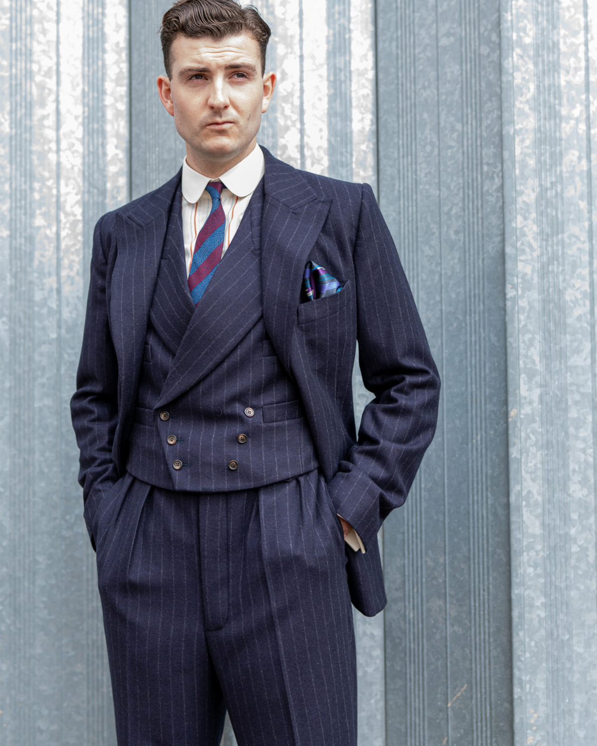 Sample Navy Chalk Stripe Eden Waistcoat Size 44