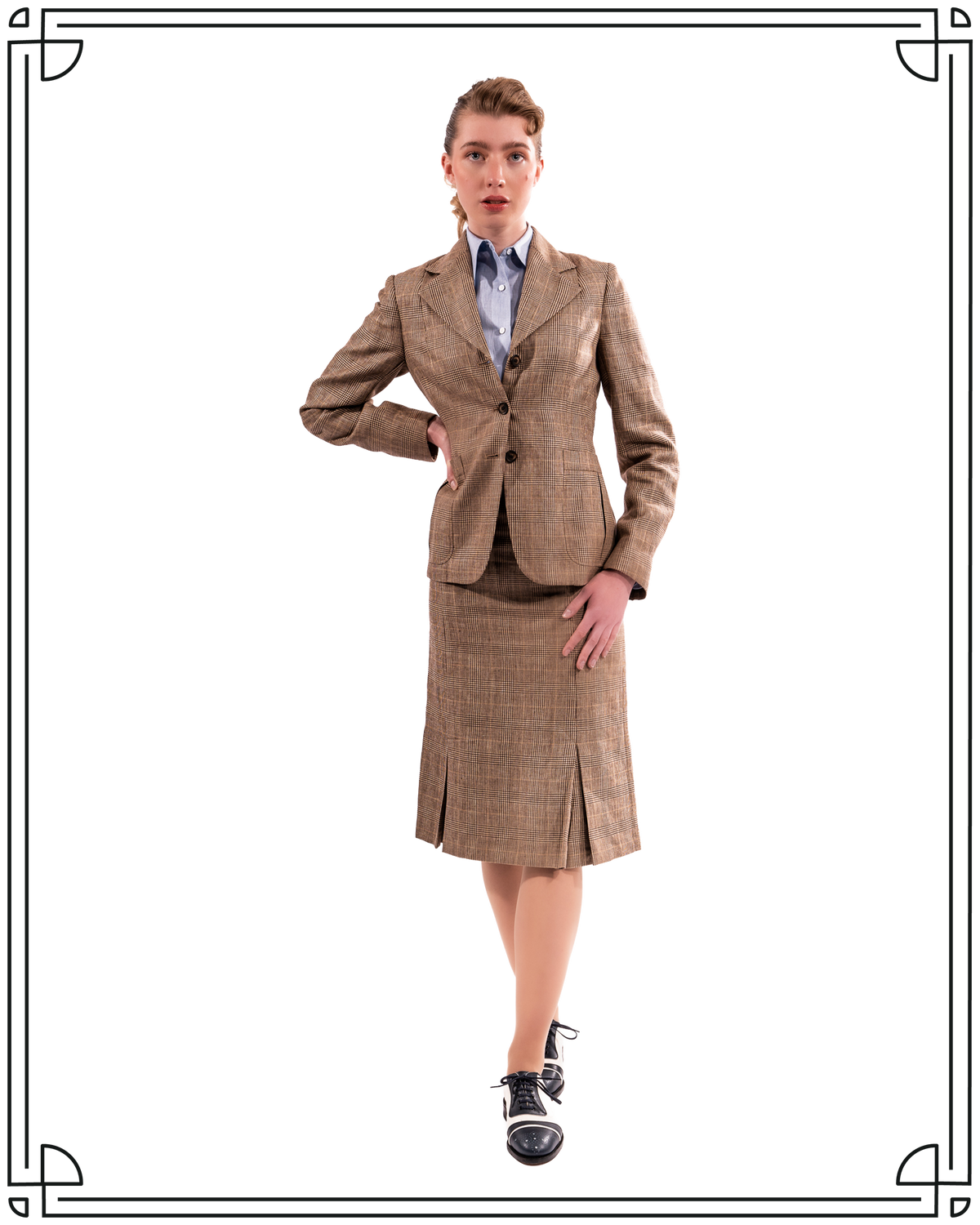 Sample Tan Prince of Wales Kick Pleat Skirt Size 14