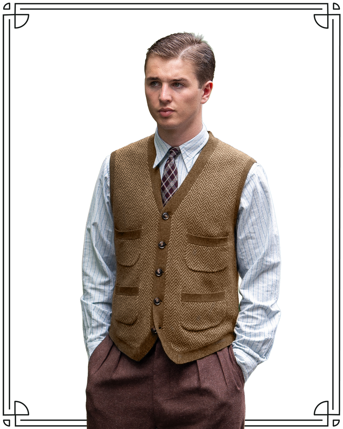 Knitted Walnut Herringbone Waistcoat Size L