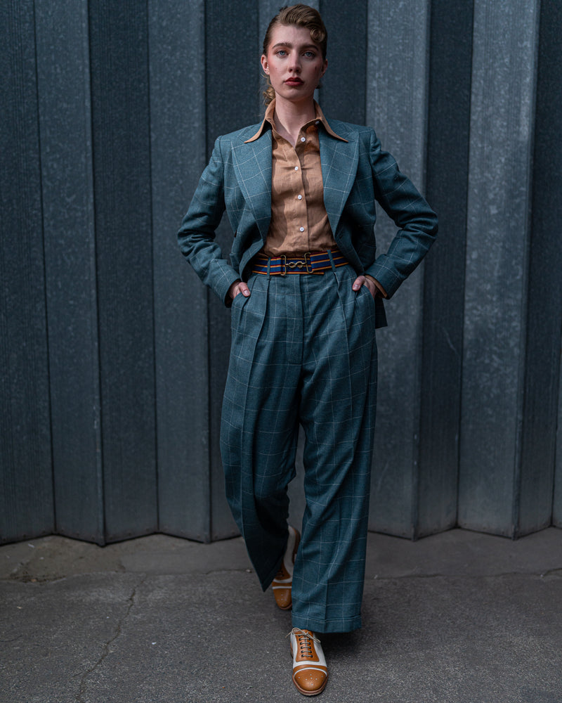 Teal Overcheck Wide Legged Pleated Trousers