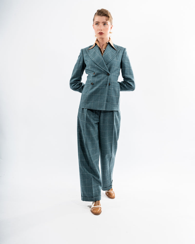 Teal Overcheck Wide Legged Pleated Trousers