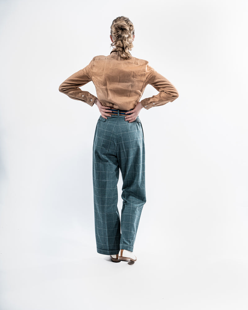 Teal Overcheck Wide Legged Pleated Trousers