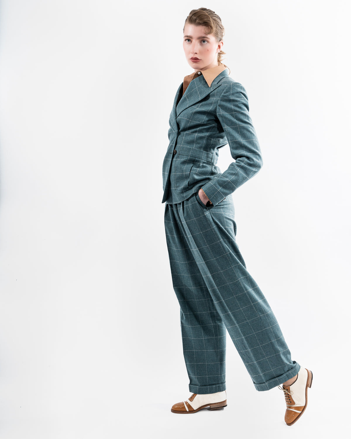Teal Overcheck Wide Legged Pleated Trousers