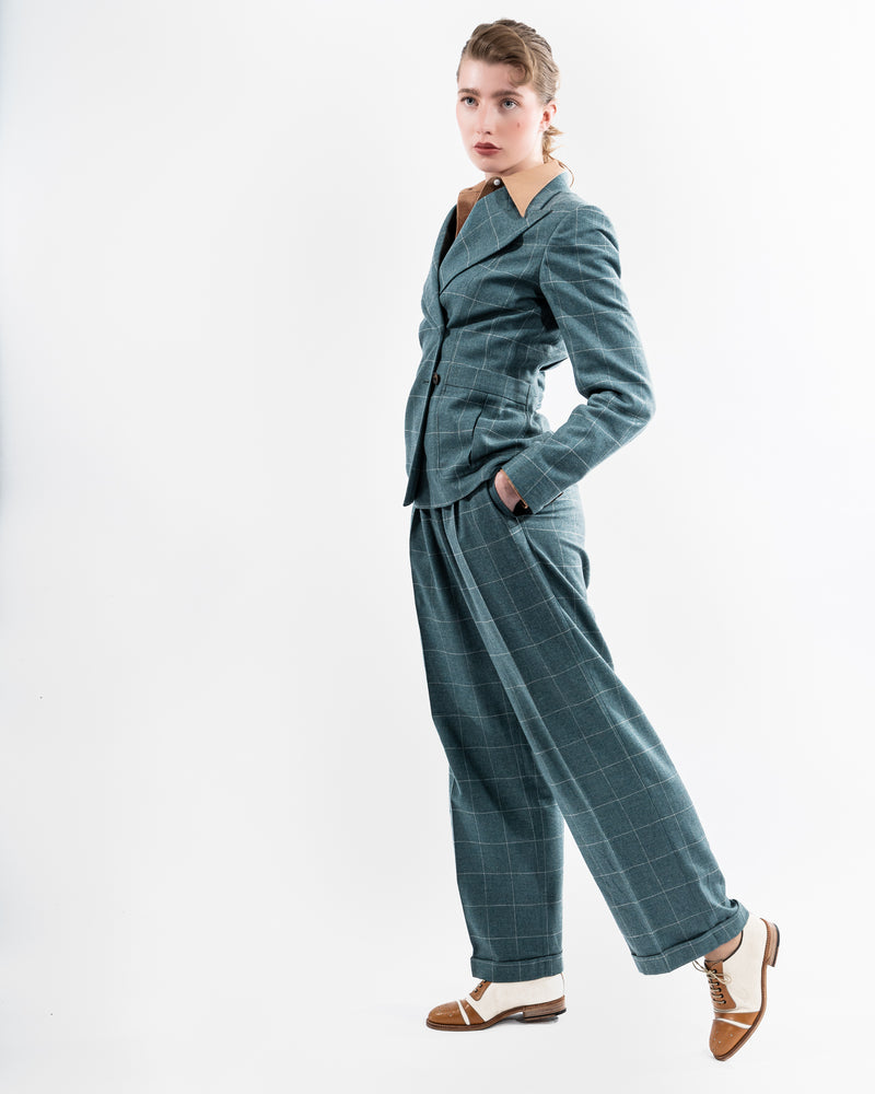 Teal Overcheck Wide Legged Pleated Trousers