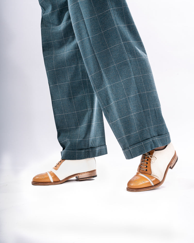 Teal Overcheck Wide Legged Pleated Trousers