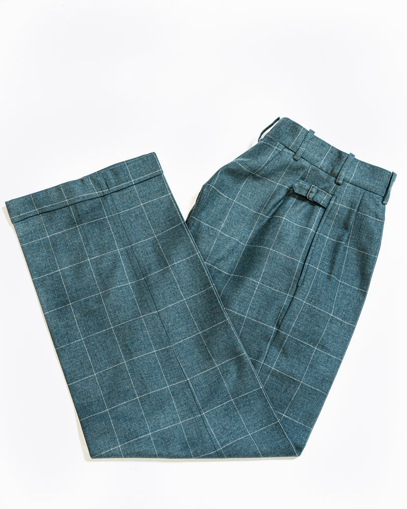 Teal Overcheck Wide Legged Pleated Trousers