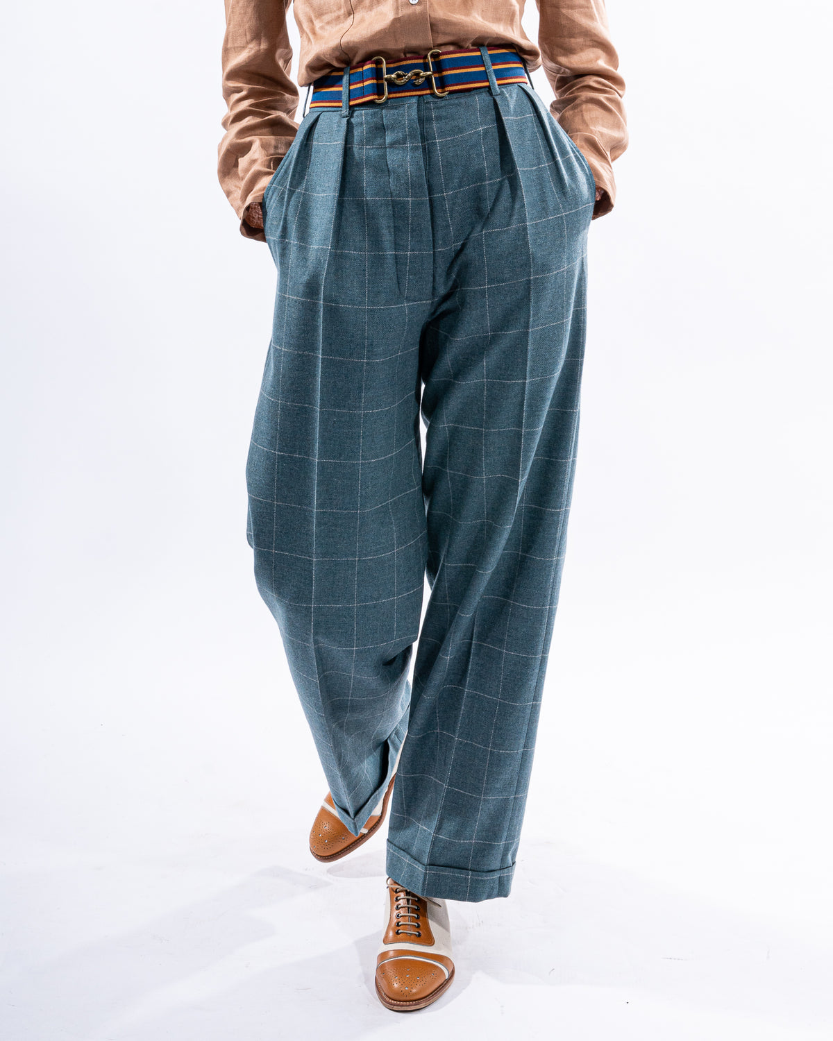 Teal Overcheck Wide Legged Pleated Trousers