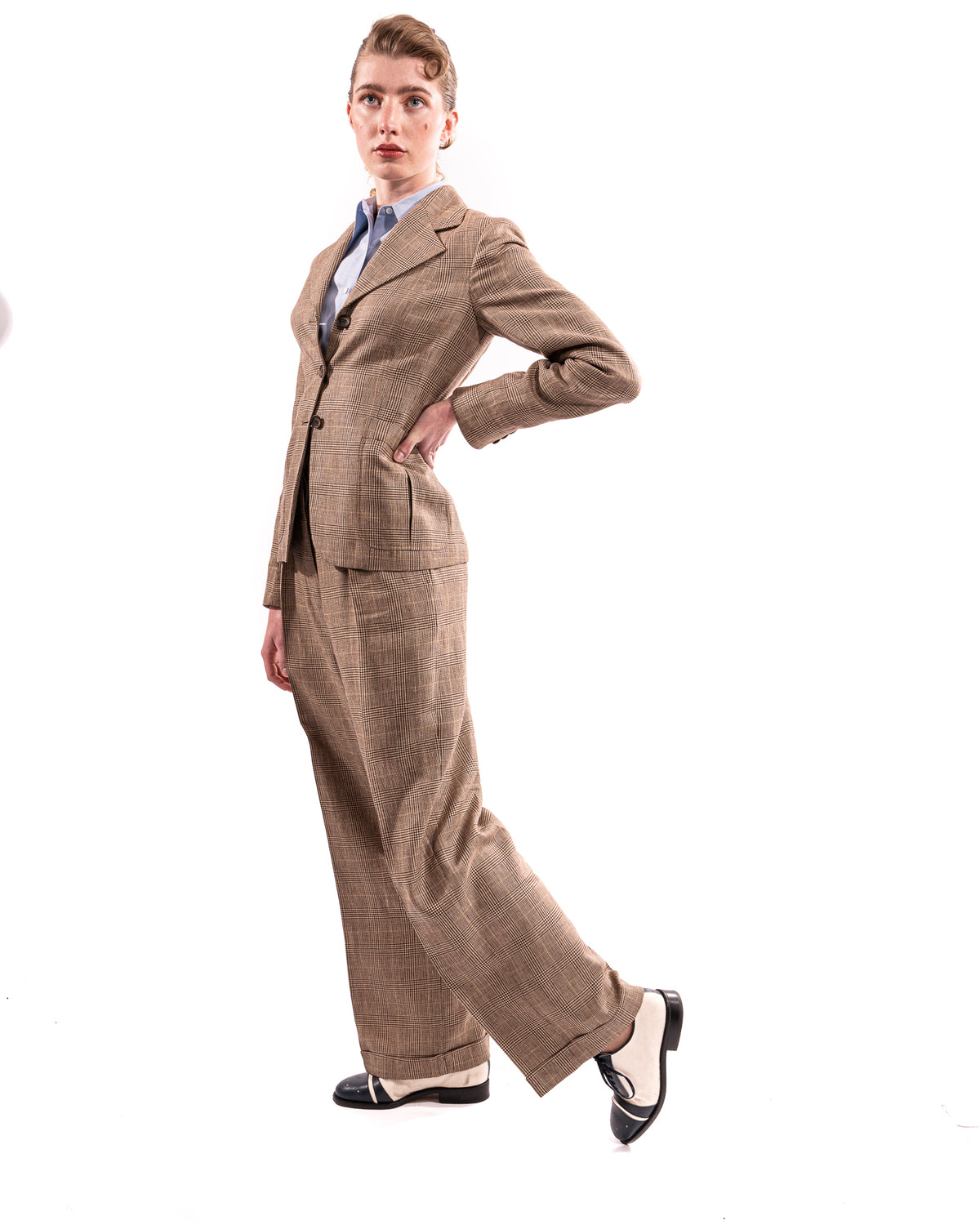 Tan Prince of Wales Wide Legged Pleated Trousers