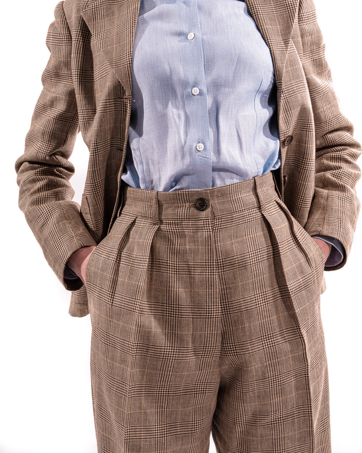 Tan Prince of Wales Wide Legged Pleated Trousers