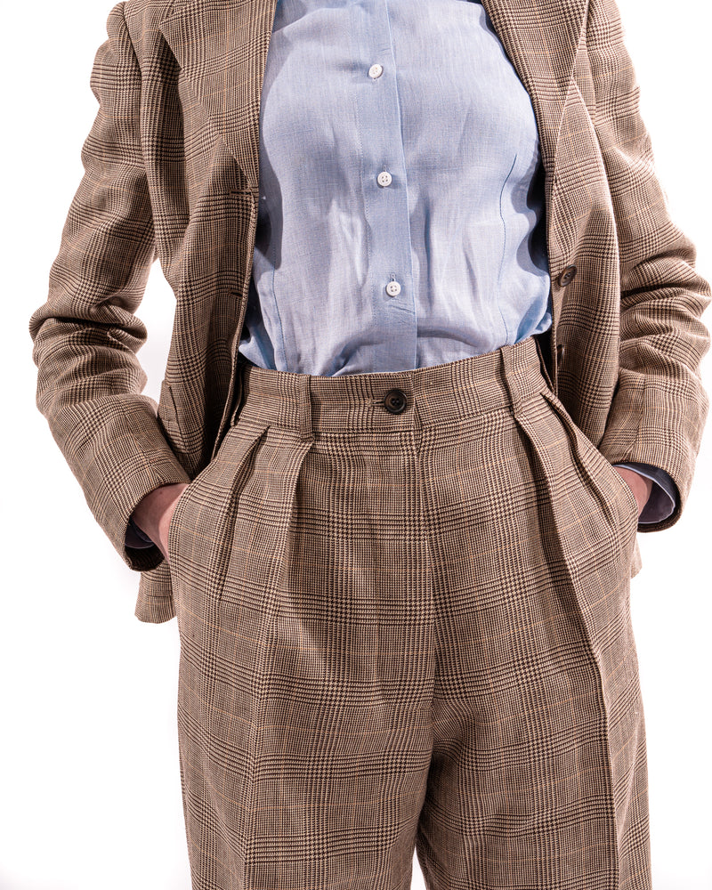 Tan Prince of Wales Wide Legged Pleated Trousers