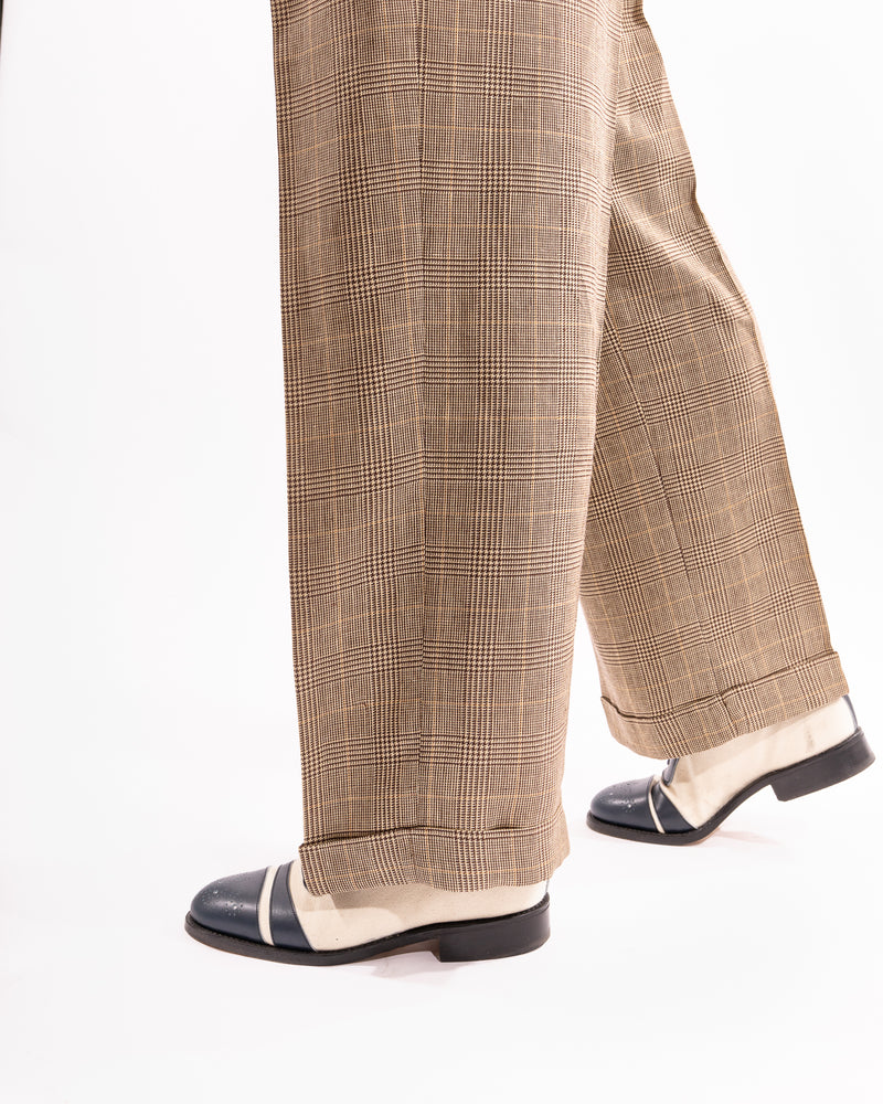 Tan Prince of Wales Wide Legged Pleated Trousers