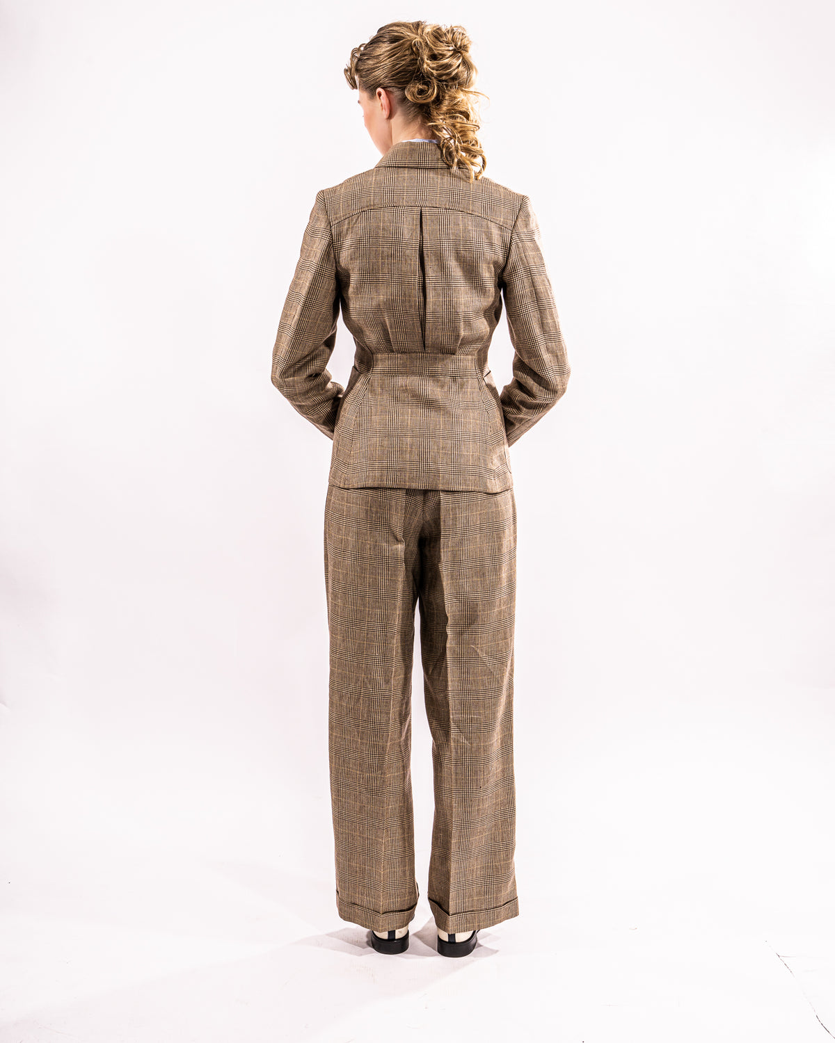 Tan Prince of Wales Wide Legged Pleated Trousers