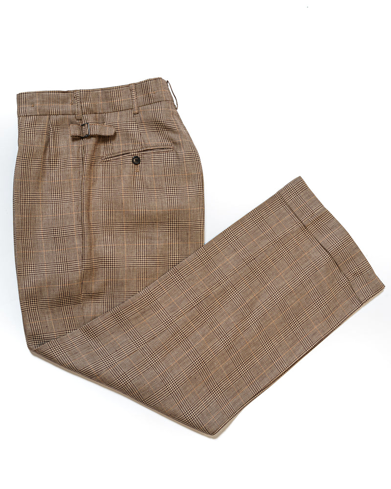 Tan Prince of Wales Wide Legged Pleated Trousers