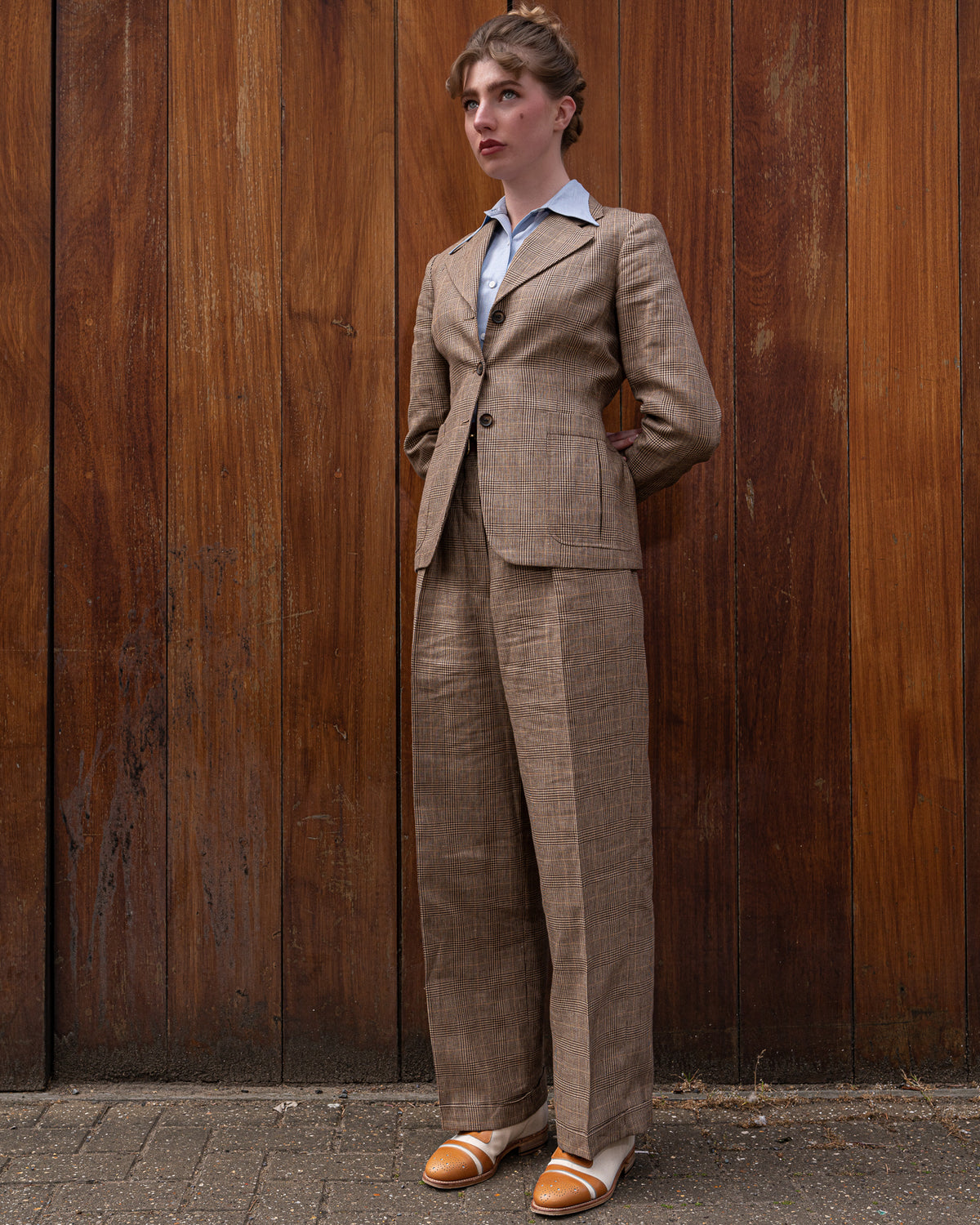 Tan Prince of Wales Wide Legged Pleated Trousers